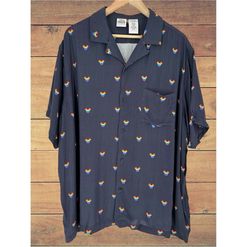 NWT Disney parks Mickey Mouse Rainbow Head Navy Blue Pride button up XXXL